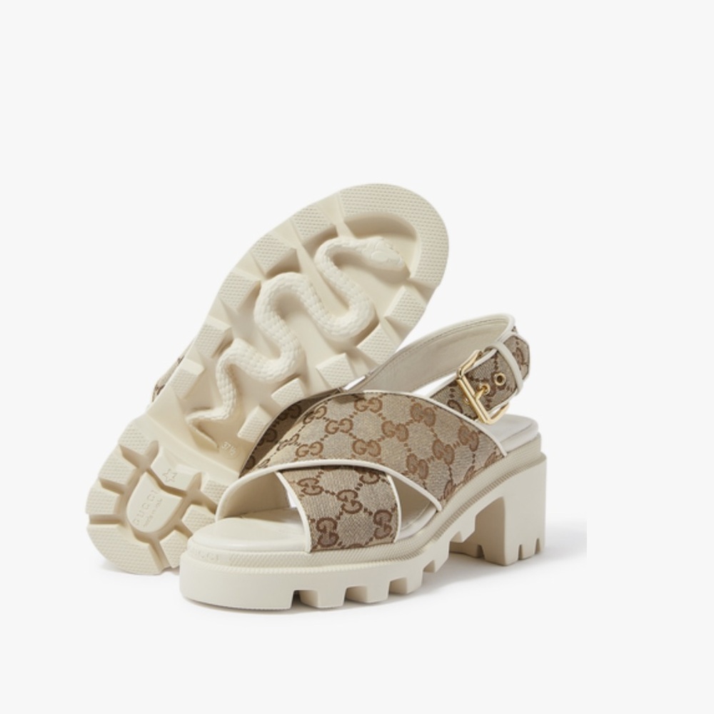 Gucci Canvas Beige and Cream Logo Sandals